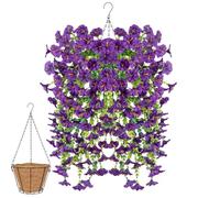 Knubbuf 2Pcs Artificial Hanging Flowers, 76cm UV Resistant Hanging Artificial Morning Glory Vine, Fake Trailing Plants Outdoor with Baskets for Wedding Garden Yard Home Decor (Purple)