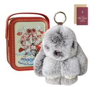 Knubbuf Cute Bunny Keychain in a Tin Box - Fluffy Lop-Eared Rabbit Plush Keyring, Soft Faux Fur Bag Charm & Purse Accessory, Adorable Easter Birthday Gift for Women Girls (J)