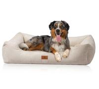 Knuffelwuff - Cama para Perro de Pana, con Personaje Tejido a Mano, Olivia M-L, 85 x 63 cm, Color Beige, Funda extraíble, Lavable, para Perros Grandes, medianos y pequeños