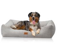 Knuffelwuff Cama para perros de pana con personaje tejido a mano Olivia XXL, 120 x 85 cm, color gris claro, funda extraíble, lavable, para perros grandes, medianos y pequeños
