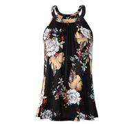 Knuffnee Camiseta sin mangas para mujer con sujetador integrado, cuello halter, corte holgado, tallas S-XXXL, Flores negras., L