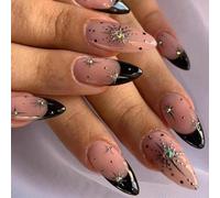 KNUIUYY 24 Piezas Nude Uñas Postizas Almendra Medianas, Manicura Francesas con Borde Negro y Estrella 3D, Acrílicas Cubierta Completa Uñas Falsas en 12 Tamaños para Mujeres y Niñas