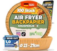 KNUSPERLIEBE® Papel de horno para freidora de aire caliente XXL 6,2-8 L, 23-27 cm, 100 unidades, papel pergamino redondo, resistente al aceite, accesorios de papel para horno y freidoras de aire