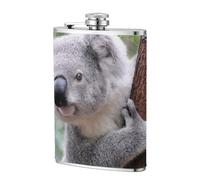 Koala en la rama,Frasco de acero inoxidable 304 de 8 oz con funda de cuero sintético, frasco de bolsillo para licor plano para exteriores