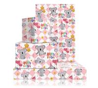 Koala Papel de regalo para fiesta de cumpleaños, encantador koala con globos de corazón, estrella impresa sobre fondo a cuadros rosa y blanco, papel de regalo - 4 hojas plegadas planas - para