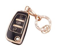 Koaudb - Funda para Llave de Coche Compatible con Audi A1 A3 A4 A6 A8 Quattro Q3 Q7 S3 S6 RS3 RS6 R8 TT TTS 3 Botones Flip Key Case Cover Soft TPU Key Shells con Llavero Negro Dorado (R-Ad-3-B)