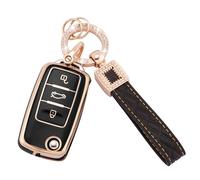 Koaudb - Funda para Llave para VW Volkswagen Passat Golf Polo Beetle Jetta Touran EOS Scirocco 3 Botones, Funda para Llave de TPU Suave con Llavero de Cuero con cordón Negro Dorado (BP-Vlw-3S)