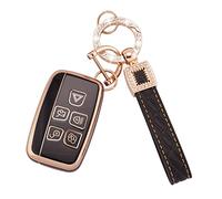 Koaudb Funda para llavero de coche de 5 botones de TPU con cordón de cuero para LR4 Range Rover Sport Evoque Jaguar XF XJ XJL F-pace, funda para llave inteligente, color negro y dorado (BP-Rov)