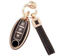 Koaudb Key Fob Cover Fit for Nissan 350Z Qashqai Murano X-Trail Kicks Tiida Micra Pathfinder Note Juke 3 Botones Key Case Soft TPU Key Shells with Leather Keychain Lanyard Black Gold (BP-Nisn-3)