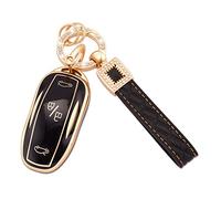 Koaudb para Tesla Key Fob Cover Holder, 3 botones Soft TPU Key Fob Protector con llavero de cuero para Tesla Model 3 Model S Model Y Smart Key Fob Case Black Gold (BP-TSL)