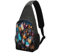 KOAYUBFC Bolsos cruzados para mujeres y hombres, bolsa de pecho cruzada con mariposas coloridas volando sobre fondo negro, bolsa de pecho para deportes al aire libre, adecuada para senderismo, correr