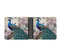 KOAYUBFC Cartera delgada compacta plegable de cuero floral de pavo real, carteras minimalistas para hombres con tarjetero de crédito, ranura para monedas, ventana de identificación, unisex