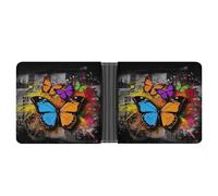 KOAYUBFC Cartera delgada compacta y plegable de piel con diseño de graffiti y mariposas, carteras minimalistas para hombres con tarjetero de crédito, ranura para monedas, ventana de identificación