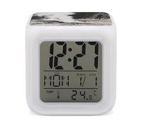KOAYUBFC Reloj despertador digital LED de 7 colores con calendario de repetición, visualización de temperatura, vapor que sube de géiseres, reloj despertador, funciona con pilas, lámpara de noche para