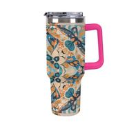 KOAYUBFC Taza de café de 1,18 L con asa y tapa de popote, taza en forma de cono que cabe en el portavasos del coche, taza de café de acero inoxidable con patrón geométrico irregular