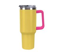 KOAYUBFC Taza de café de 1,18 L con asa y tapa de popote, taza en forma de cono que cabe en el portavasos del coche, taza de café de acero inoxidable con patrón amarillo puro