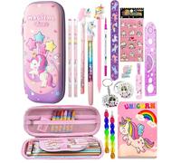 KOBBET Juego de 17 piezas de papelería de unicornio para niños, estuche 3D de gran capacidad, estuche para lápices con diario y todos los artículos de papelería, regalo de devolución para niños