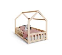 KOBI Cama casita Infantil DUBI 160x80 cm de Pino | con barandilla de Seguridad, Estructura Flex | Natural o Blanca | Opcional con colchón | Muebles para Montaje en casa (Natural, Met matras)
