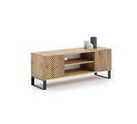Kobi Mueble TV Focus Roble Dorado, 135x49x40, decoración Chevron Negro, Mueble TV, Loft, Patas de Metal Negro