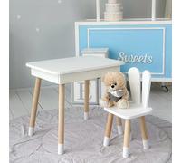 KOBI Set Mesa con Espacio de almacenaje + Silla para niños | Mobiliario Infantil Moderno | Ideal para niños de 1,5 a 7 años (Blanco/Conejo)