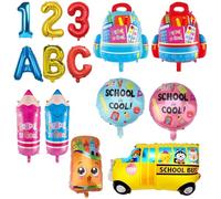 KOBOKO Globos decorativos para comienzo del colegio, 14 unidades, globos de escolarización, decoración para el comienzo del colegio, globos con ABC 123 Pencil Bus para niños y niñas