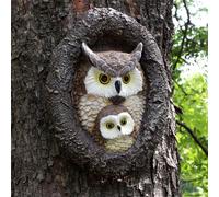 KOCNYDEY Estatuas de jardín de búho, decoración al aire libre, señuelo falso de búho mamá y bebé para asustar a los pájaros, decoración de cara de árbol, escultura de resina, decoración artística de