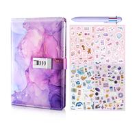 Kococaty Diario con cerradura para niñas,Diario Secreto Niña y mujeres con 6 en 1 Bolígrafo Multicolores, 4 Pegatinas, 172 páginas, cuaderno de viaje para Chicas (21X15cm) Morado