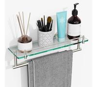 KOCOK Estante de vidrio para baño con toallero, estante de vidrio flotante de níquel cepillado de 16 pulgadas con soporte para toallas, estantes rectangulares de vidrio templado de acero inoxidable,
