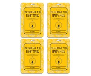 Kocostar Polyglutamic Acid Happy Mask - Pack de 4 mascarillas faciales coreanas con Ácido Poliglutámico para hidratación profunda y efecto reafirmante