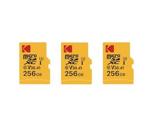 Kodak Lot de 3 Cartes Mémoire Micro SD 256 Go - Classe 10 - Haute Performance Avec Adaptateurs pour Smartphones, Caméras, Tablettes et Consoles