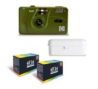 KODAK M35 - Cámara recargable de 35 mm, lente gran angular fija, visor óptico, flash integrado - verde oliva + 2 películas GT24 color compatible con 24 exposiciones + películas caso blanco