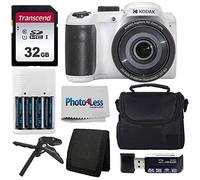 Kodak PIXPRO AZ255 - Cámara digital (blanco) + funda para cámara de apuntar y disparar + tarjeta de memoria SD Transcend de 32 GB + baterías recargables y cargador + lector de tarjetas USB + trípode