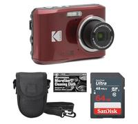Kodak PIXPRO FZ45 - Cámara digital de 16 MP, zoom óptico 4X, gran angular, 1080P, video Full HD, cámara LCD de 2.7 pulgadas (rojo) + funda acolchada + tarjeta de 64 GB + paño de limpieza