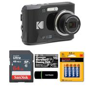 Kodak PIXPRO FZ45 - Cámara digital de 16 MP, zoom óptico 4X, gran angular, 1080P, video Full HD, cámara LCD de 2.7 pulgadas (negro) + tarjeta y lector de 64 GB + pilas AA (paquete de 4) + paño de