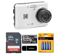 Kodak PIXPRO FZ45 - Cámara digital de 16 MP, zoom óptico 4X, gran angular, 1080P, video Full HD, cámara LCD de 2.7 pulgadas (blanco) + tarjeta y lector de 64 GB + pilas AA (paquete de 4) + paño de