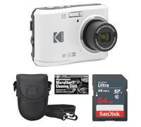 Kodak PIXPRO FZ45 - Cámara digital de 16 MP, zoom óptico 4X, gran angular, 1080P, video Full HD, cámara LCD de 2.7 pulgadas (blanco) + funda acolchada + tarjeta de 64 GB + paño de limpieza