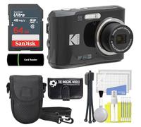KODAK PIXPRO FZ45 - Cámara digital de 16 MP, zoom óptico de 27 mm, gran angular, 1080P, cámara LCD Full HD de 2,7 pulgadas (negro) + tarjeta y lector de 64 GB + funda + portafolios de memoria +