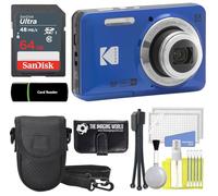 Kodak PIXPRO FZ55 - Cámara digital azul de 16 MP, zoom óptico de 5X, 28 mm, gran angular, 1080P, cámara LCD Full HD de 2,7 pulgadas, tarjeta y lector de 64 GB + funda + portafolios de memoria +
