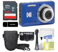 Kodak PIXPRO FZ55 - Cámara digital de 16 MP, color azul, zoom óptico 5X, gran angular de 28 mm, 1080P, pantalla LCD Full HD de 2,7 pulgadas, cámara con tarjeta de 64 GB y lector + estuche + billetera