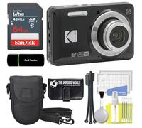 KODAK PIXPRO FZ55 - Cámara digital negra de 16 MP, zoom óptico de 5 x 28 mm, gran angular 1080P, cámara LCD Full HD de 2,7 pulgadas, tarjeta y lector de 64 GB, funda + portafolios de memoria + trípode