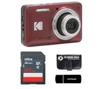 Kodak PIXPRO FZ55 - Cámara digital roja de 16 MP, zoom óptico 5X, 28 mm, gran angular, 1080P, video Full HD, cámara LCD de 2.7 pulgadas + tarjeta de 64 GB y lector + cartera de memoria