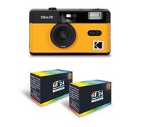 KODAK Ultra F9 - Cámara de fotos argentica reutilizable de 35 mm, lente fija 31 mm F/9, flash integrado, carga fácil, rebobinado manual, amarillo + 2 películas de color 24 exposiciones