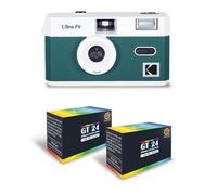 KODAK Ultra F9 - Cámara de fotos argentica reutilizable de 35 mm, lente fija 31 mm F/9, flash integrado, carga fácil, rebobinado manual, verde noche + 2 películas de color 24 exposiciones