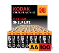 Kodak Xtralife - Paquete de 100 pilas AA, doble A, 1,5 V, 10 años de vida útil, LR6, paquete económico a granel para dispositivos de alto uso, alto drenaje, 12 veces más potencia