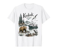Kodiak Alaska Nature Scene Bear Puffin & Fishing Boat Camiseta gráfica económica, Hombre, Blanco, S