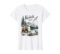 Kodiak Alaska Nature Scene Bear Puffin & Fishing Boat Camiseta gráfica económica, Mujer, Blanco, S