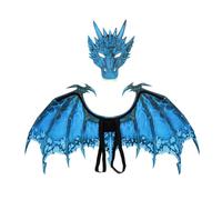 Kodxylytix Disfraz de dragón para decoración de ropa, accesorios de fiesta, máscara de dinosaurio, juego de alas azul, 90 x 46 cm