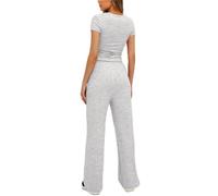 KOEMCY 2 Piezas Conjunto Mujer Verano Casual Ropa Deportiva Yoga Set Suave y Cómodo Fitness Camiseta Corta y Pantalones Anchos Elástica con Bolsillo (Gris Claro,M)