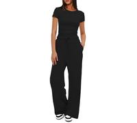 KOEMCY 2 Piezas Conjunto Mujer Verano Casual Ropa Deportiva Yoga Set Suave y Cómodo Fitness Camiseta Corta y Pantalones Anchos Elástica con Bolsillo (Negro,S)