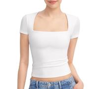 KOEMCY Blusa Mujer Cuello Cuadrado Camiseta Manga Corta Verano Top Elegante Ajustada Basica Ropa Casual Moda Primavera Elastica Moderna Estilo Minimalista